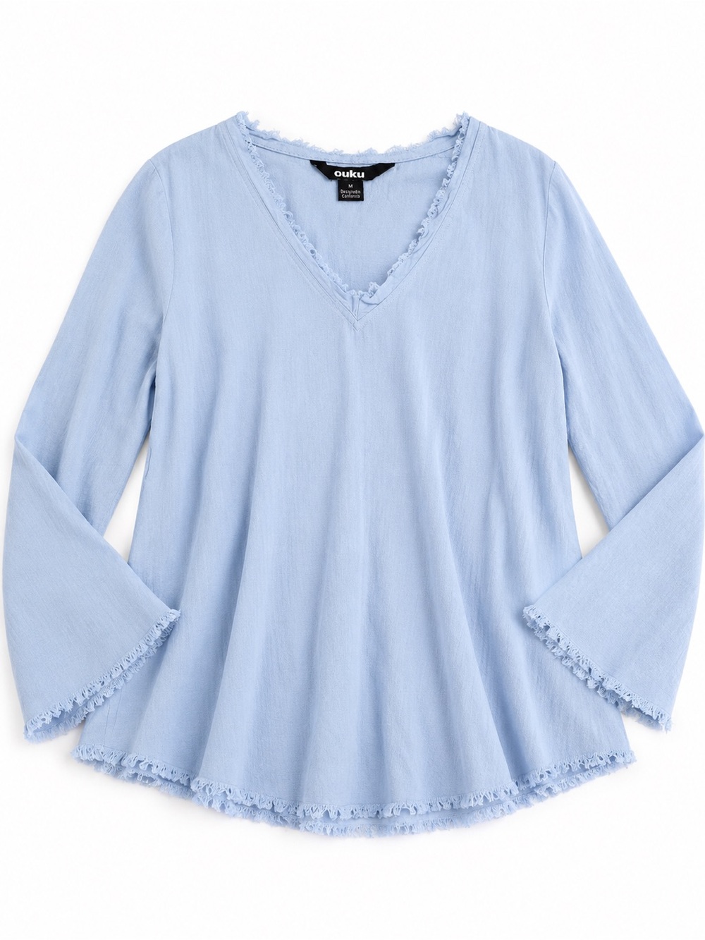 Ouku Light Blue V-Neck Bell Sleeve Top with Fringe Trim